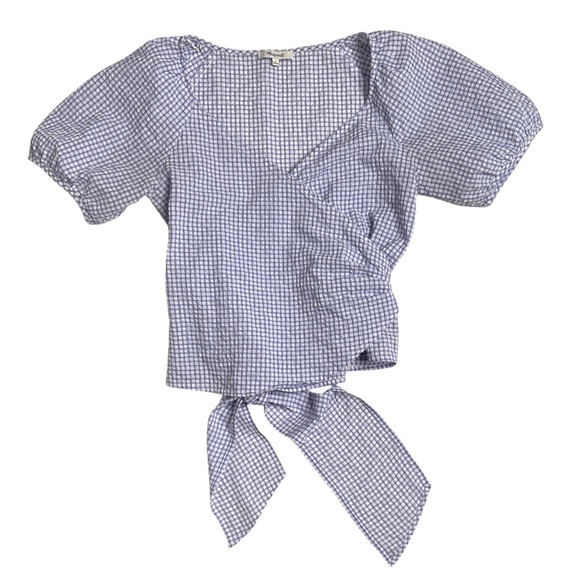 Madewell Blue and White Gingham Seersucker Wrap Top Size Medium - Picture 3 of 12
